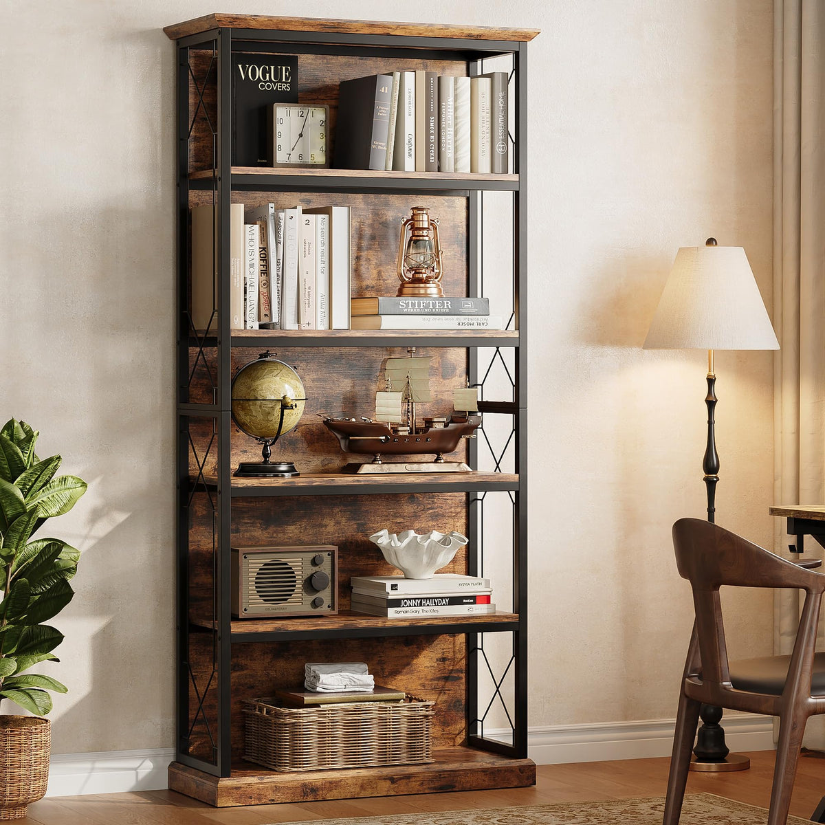 71 Inch 5 Tier Rustic Wood Bookshelf N398