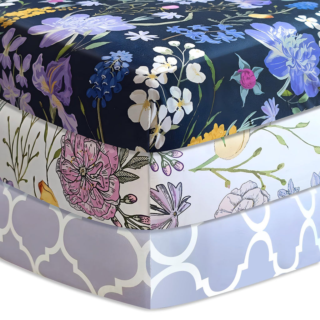 Soft Floral Crib Sheets 3 Pack 28'' X 52'' Fitted Microfiber Violet C170774