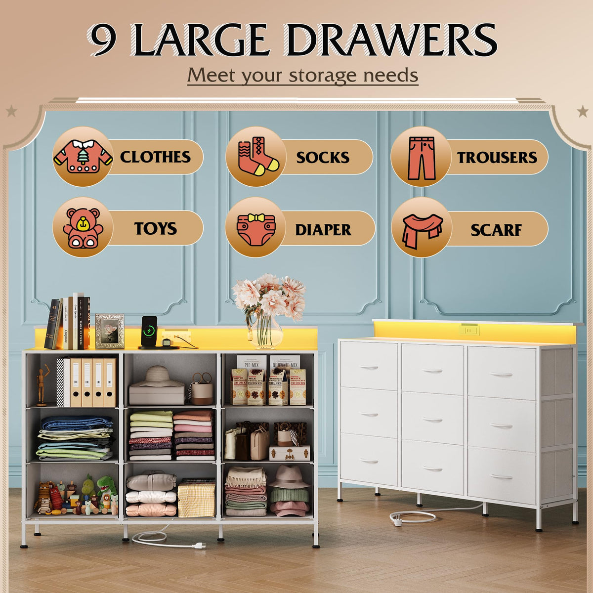 White 2-Piece TV Stand Dresser with 8+9 Fabric Drawers O334757