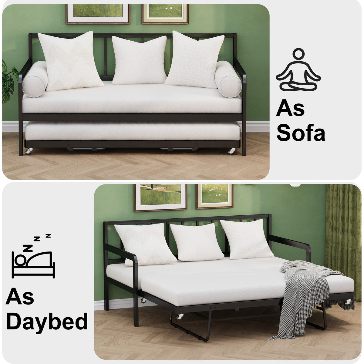 Twin Daybed with Pop Up Trundle, Metal Steel Slats, Black M654