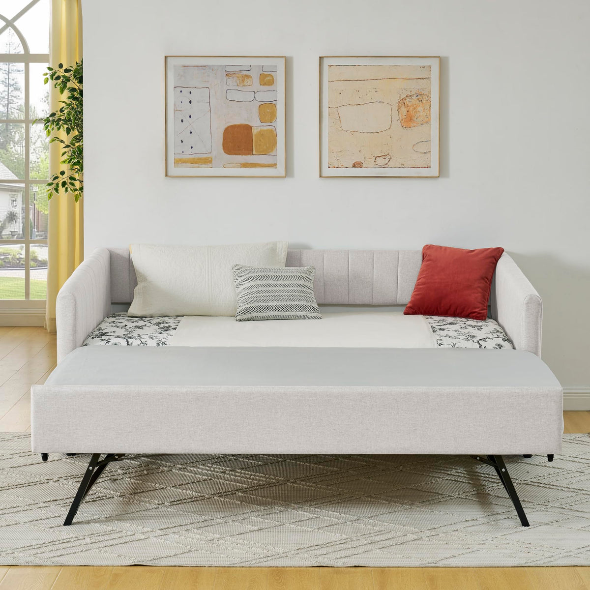 Twin Size Upholstered Linen Daybed with Trundle M2007