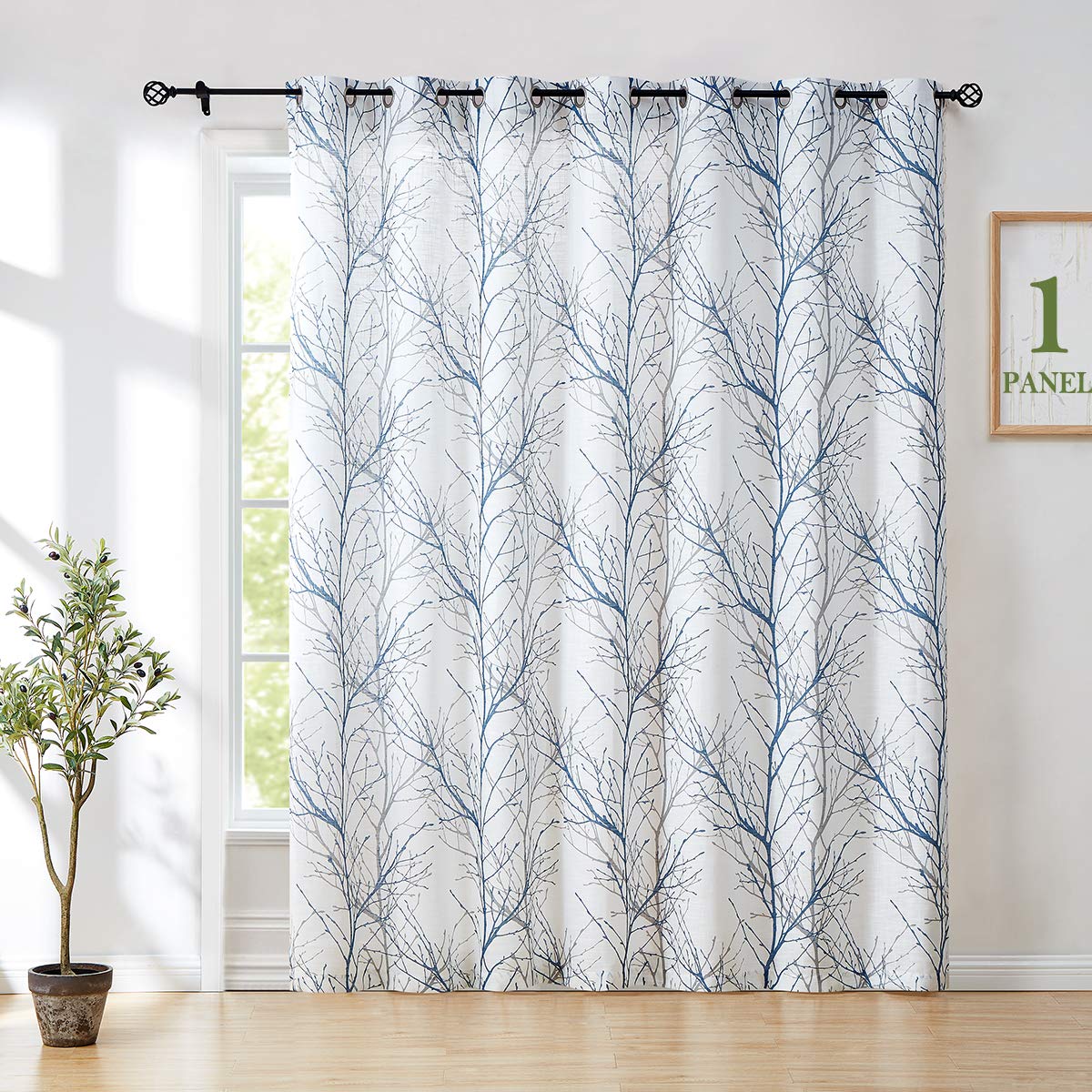 Linen Blue White Semi Sheer Curtains 84 Inch 1 Panel F755206