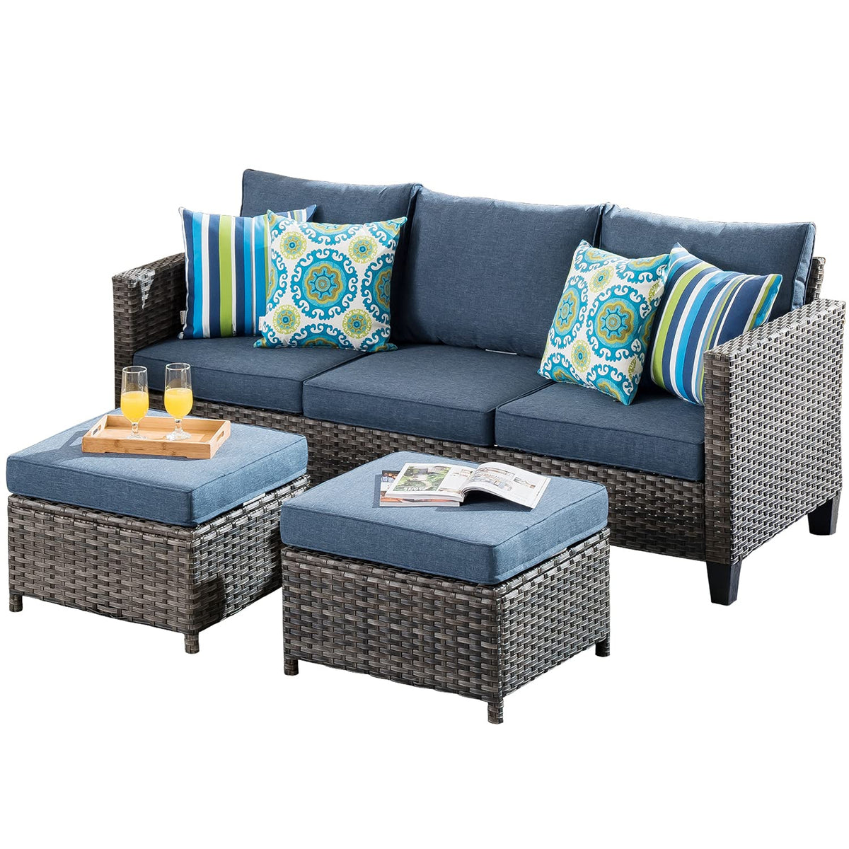 3 Pieces Wicker Rattan Patio Furniture Set with Ottomans B12343