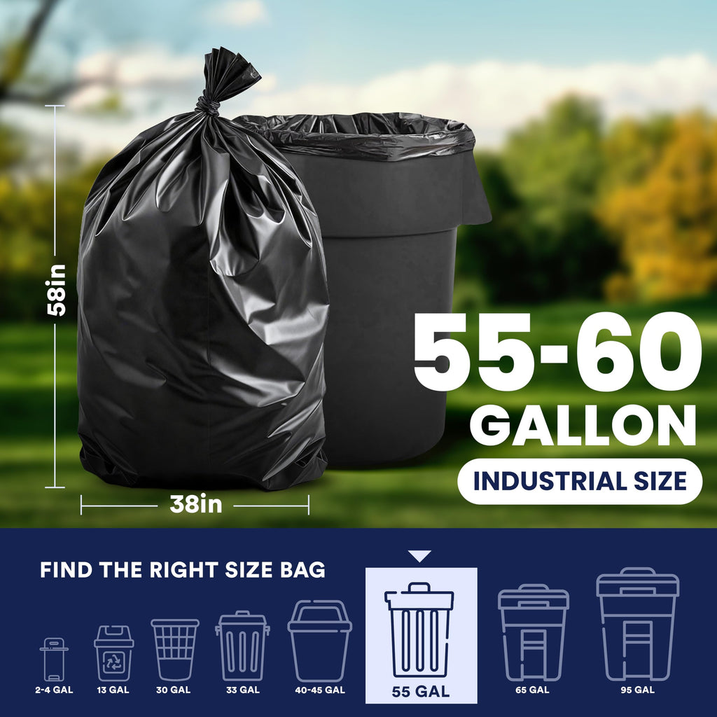 55-60 Gallon 1.2 Mil Black Trash Bags 100 Count I6493