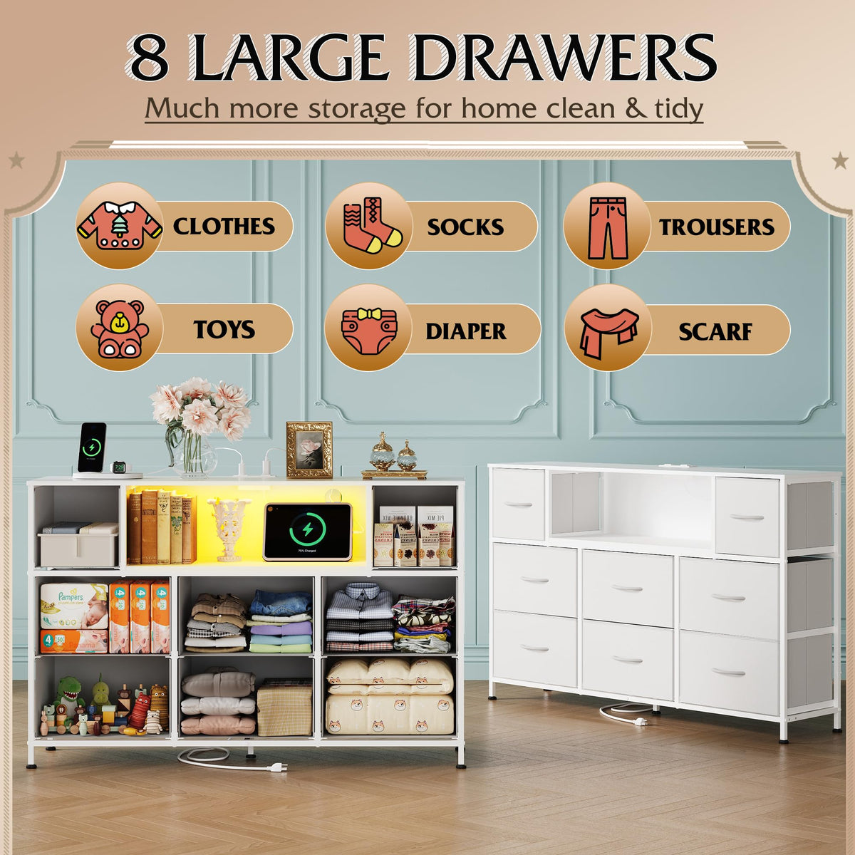 White 2-Piece TV Stand Dresser with 8+9 Fabric Drawers O334757