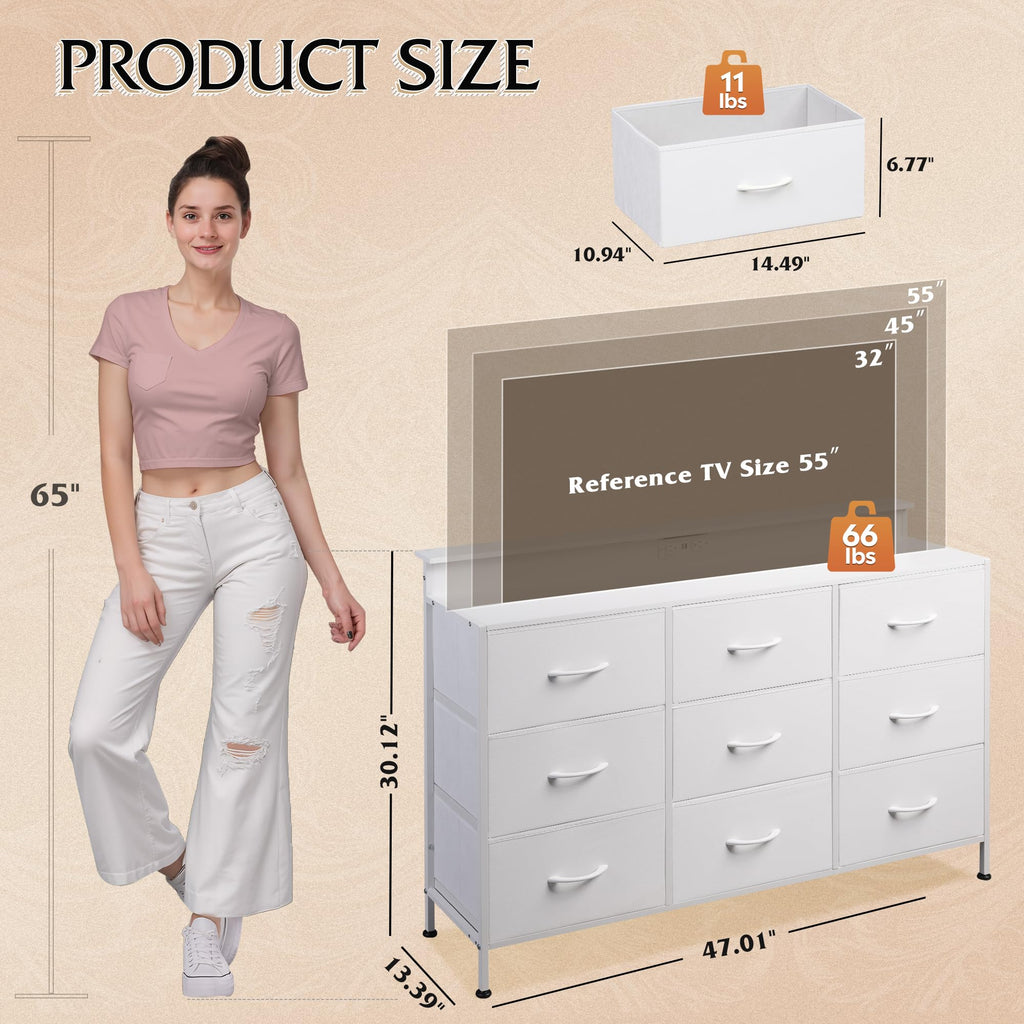 White 2-Piece TV Stand Dresser with 8+9 Fabric Drawers O334757