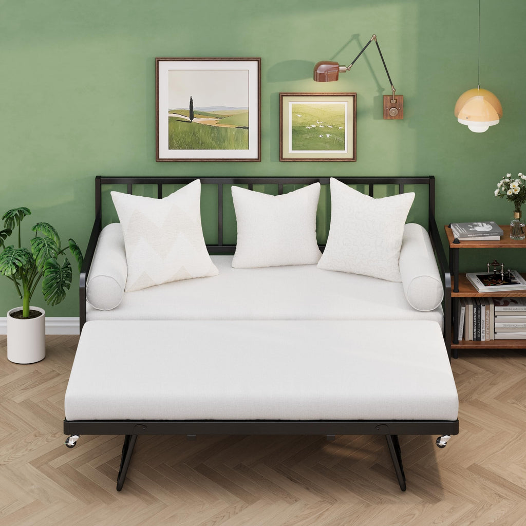 Twin Daybed with Pop Up Trundle, Metal Steel Slats, Black M654
