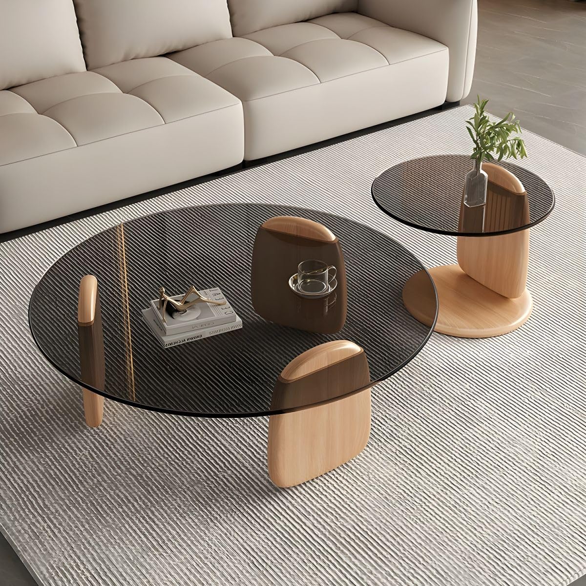 Nesting Coffee Table Set of 2 Glass Round Top Wood Legs D8780