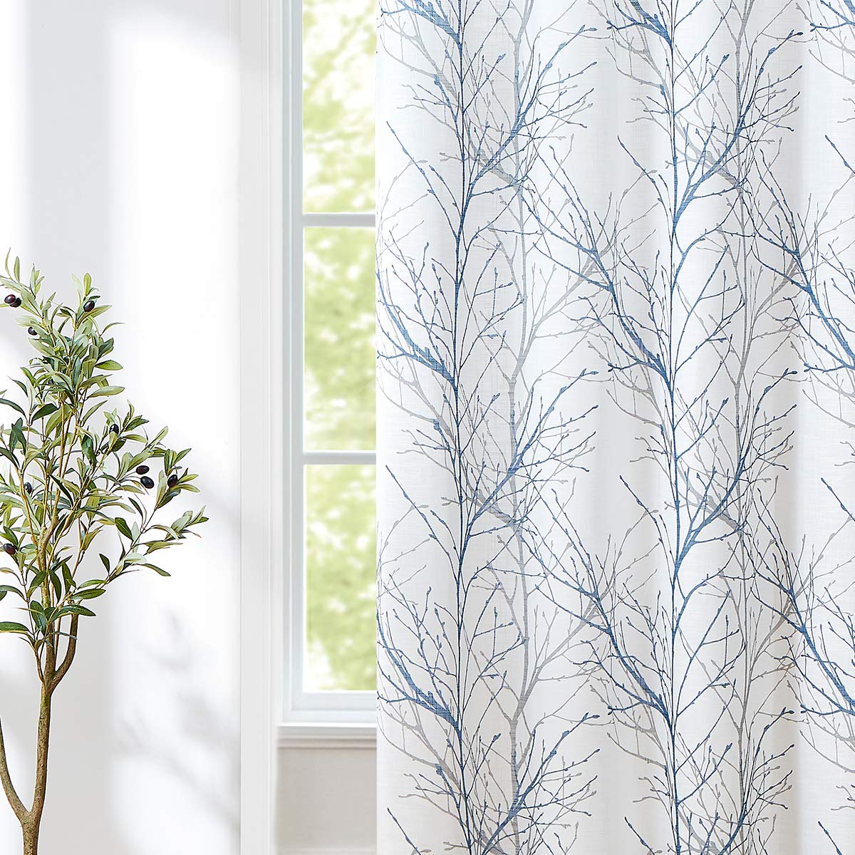 Linen Blue White Semi Sheer Curtains 84 Inch 1 Panel F755206