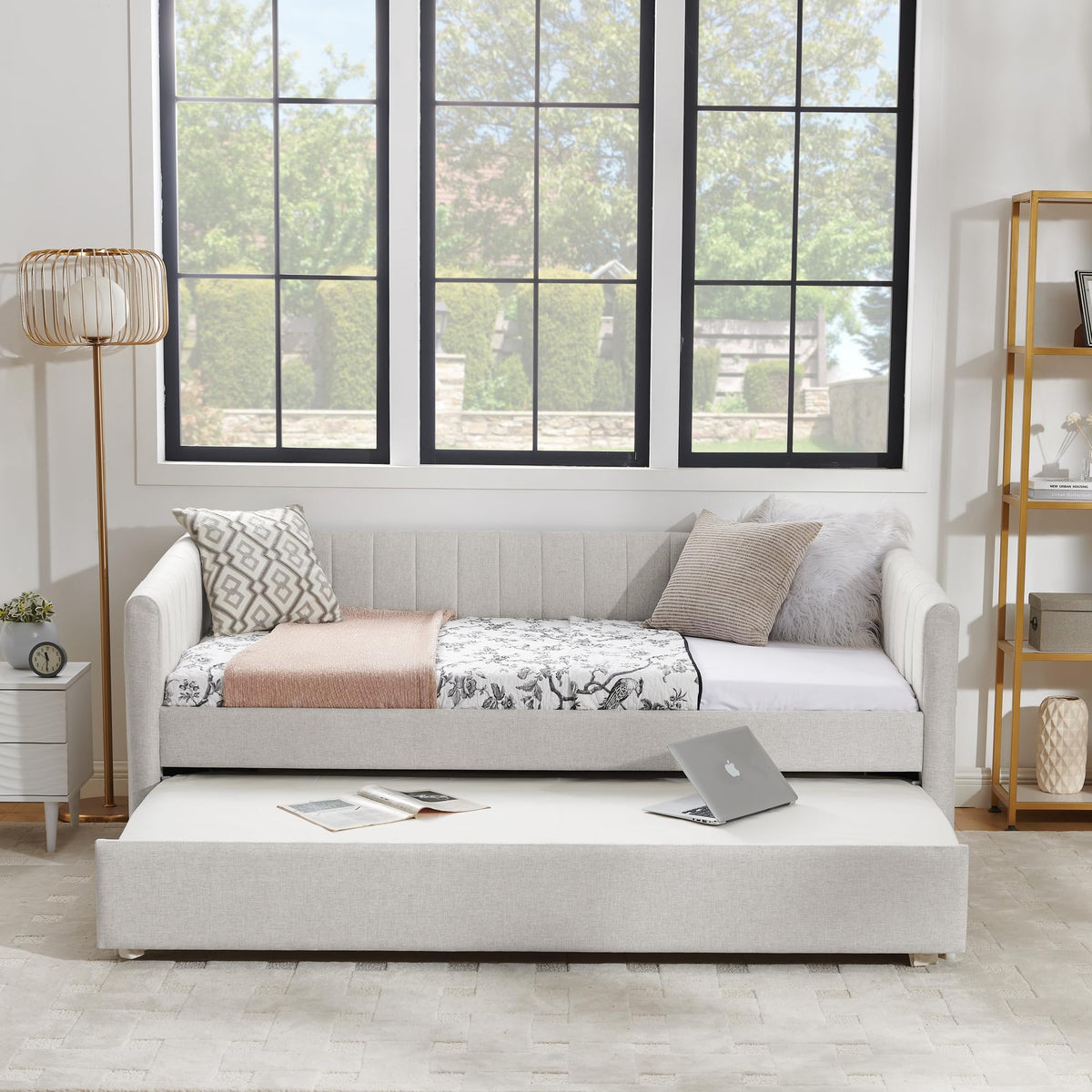 Twin Size Upholstered Linen Daybed with Trundle M2007