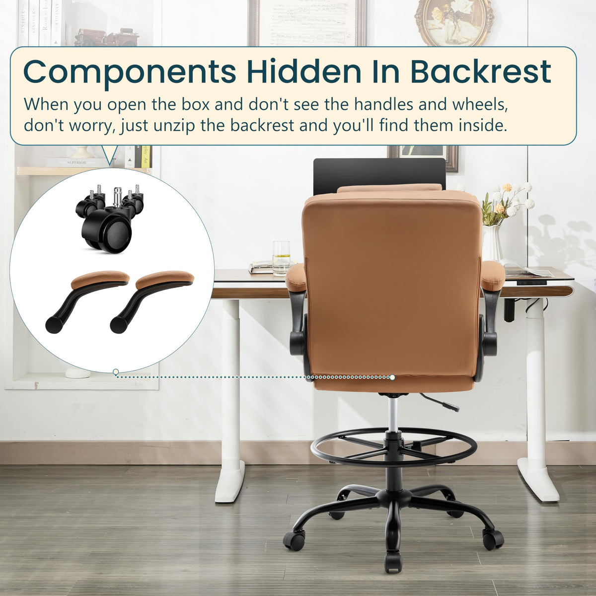 Brown PU Leather Drafting Chair with Flip-up Armrests D17060