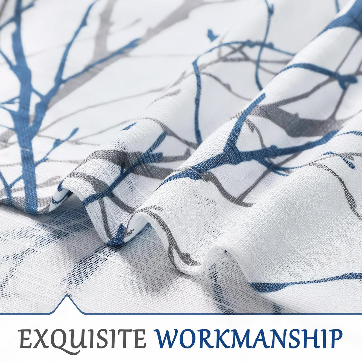 Linen Blue White Semi Sheer Curtains 84 Inch 1 Panel F755206