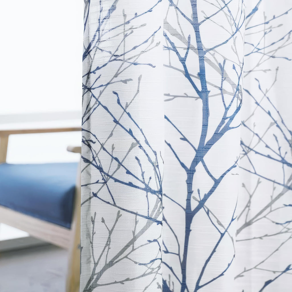 Linen Blue White Semi Sheer Curtains 84 Inch 1 Panel F755206