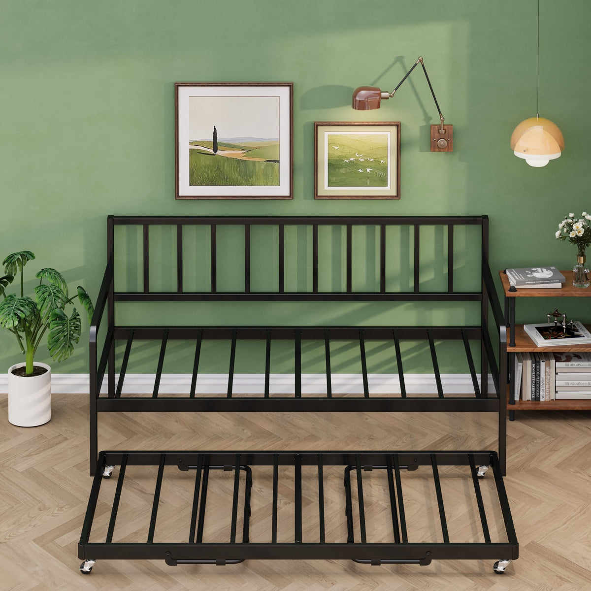 Twin Daybed with Pop Up Trundle, Metal Steel Slats, Black M654