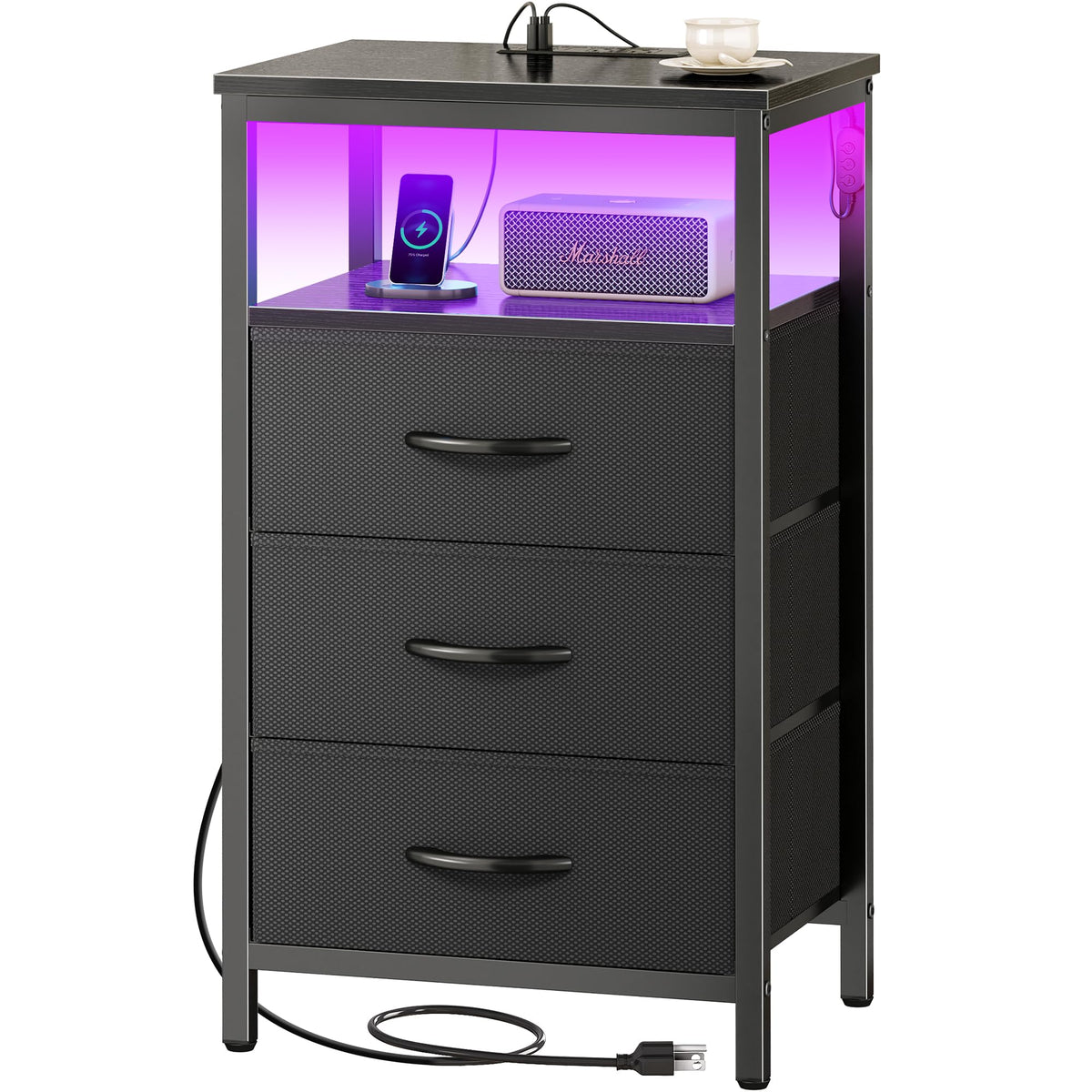 3 Drawer Nightstand with Charger Station and LED Lights M69287