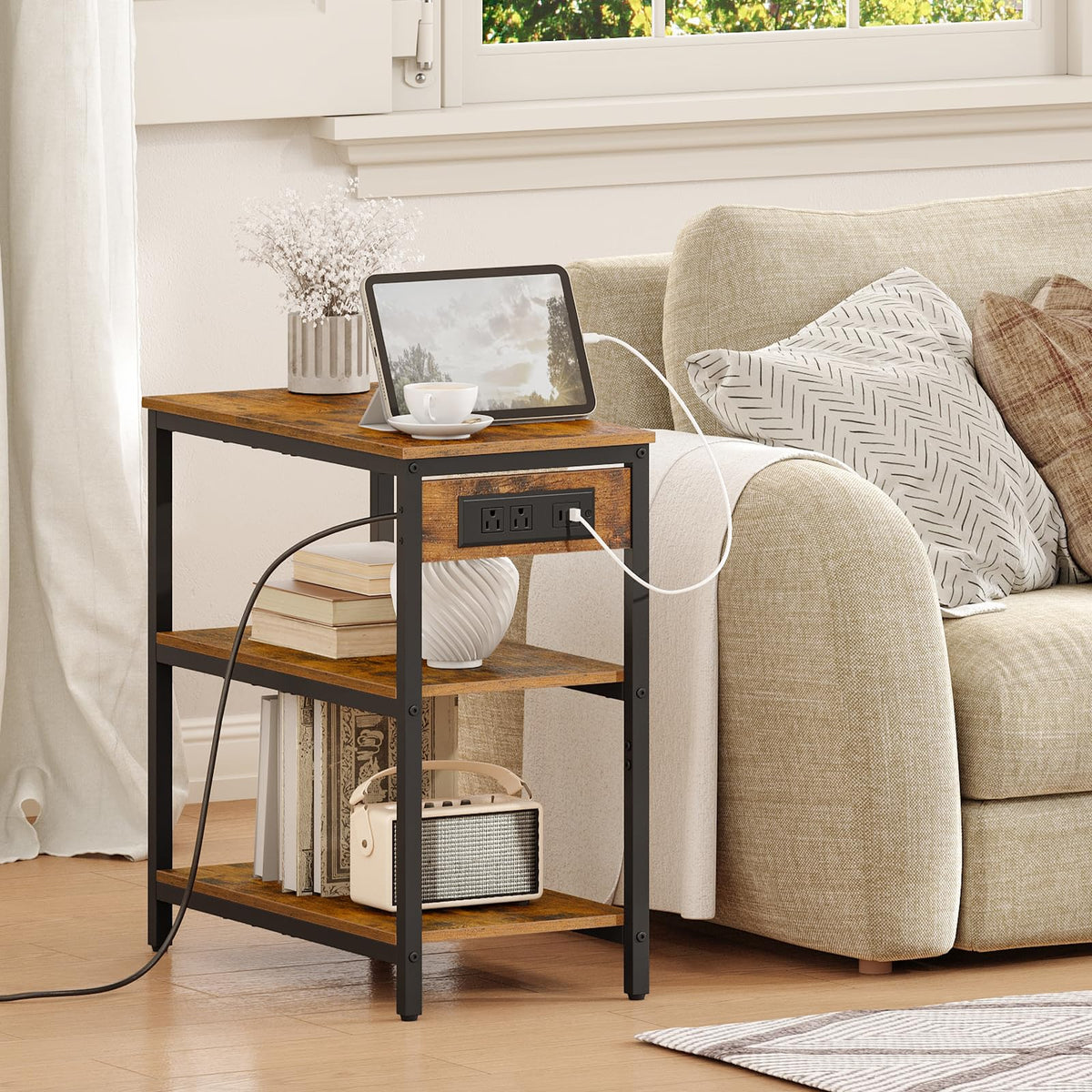 Charging Station End Table with 3 Tier Storage Shelf H478787