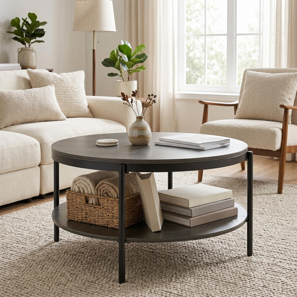 Round Coffee Table with 2-Tier Storage Shelf B294