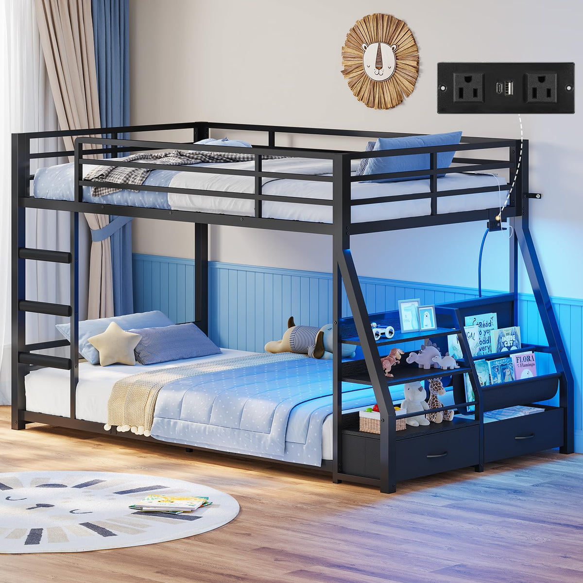 Black Bunk Bed with Bookshelves and Storage Drawers Z135