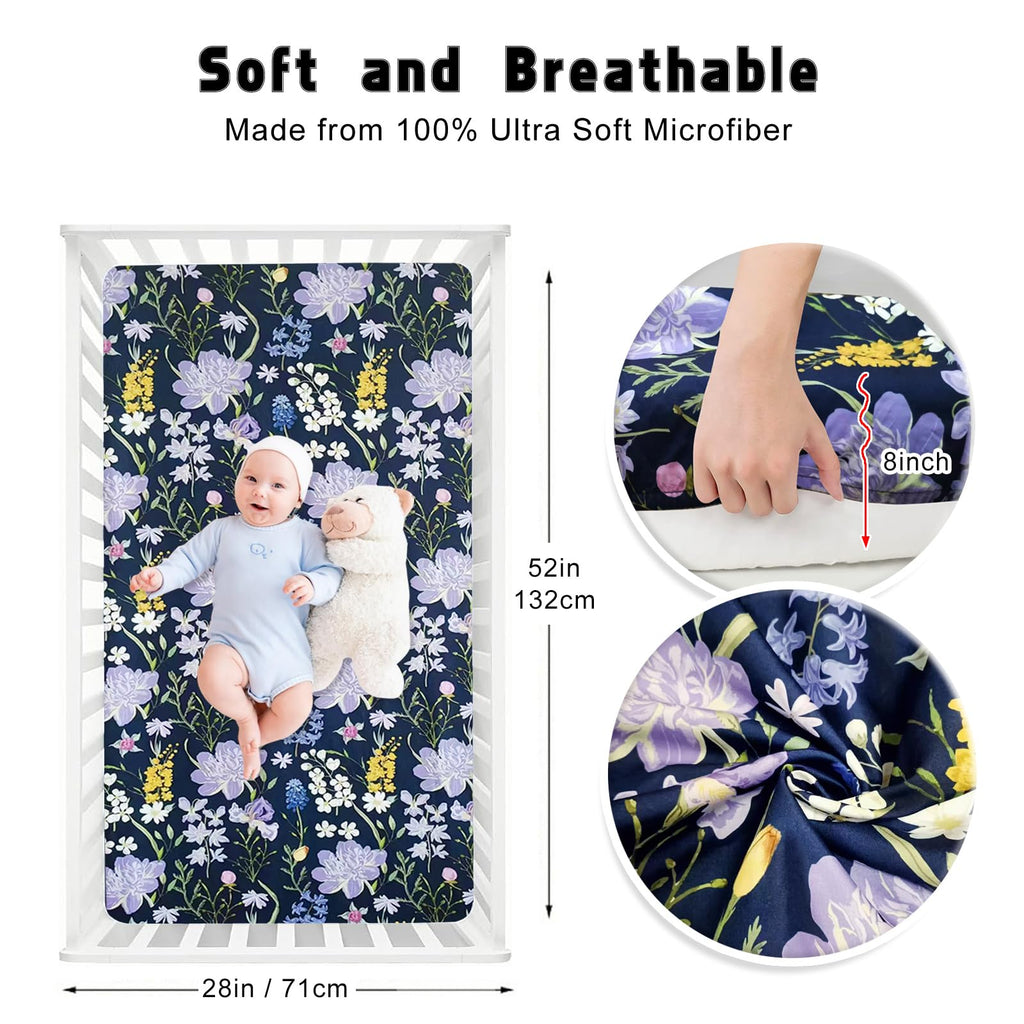 Soft Floral Crib Sheets 3 Pack 28'' X 52'' Fitted Microfiber Violet C170774