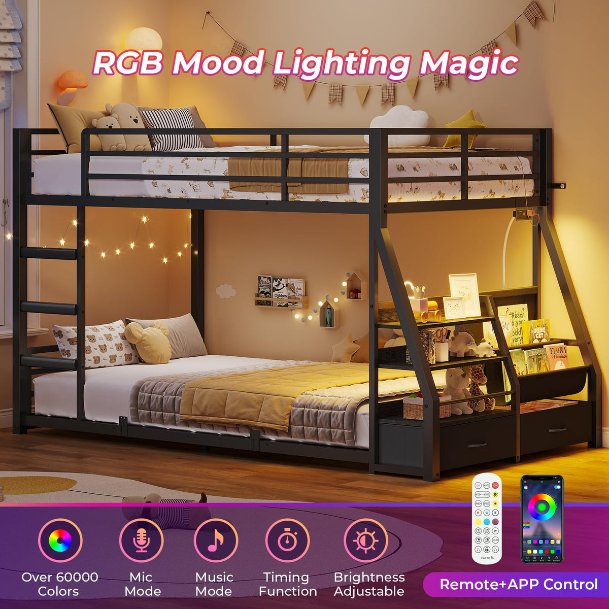 Black Bunk Bed with Bookshelves and Storage Drawers Z135