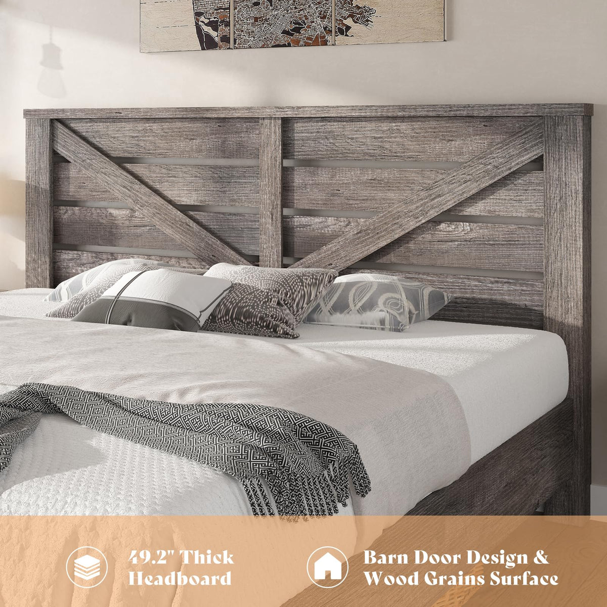 Gray Full Size Bed Frame with Barn Door Headboard L436