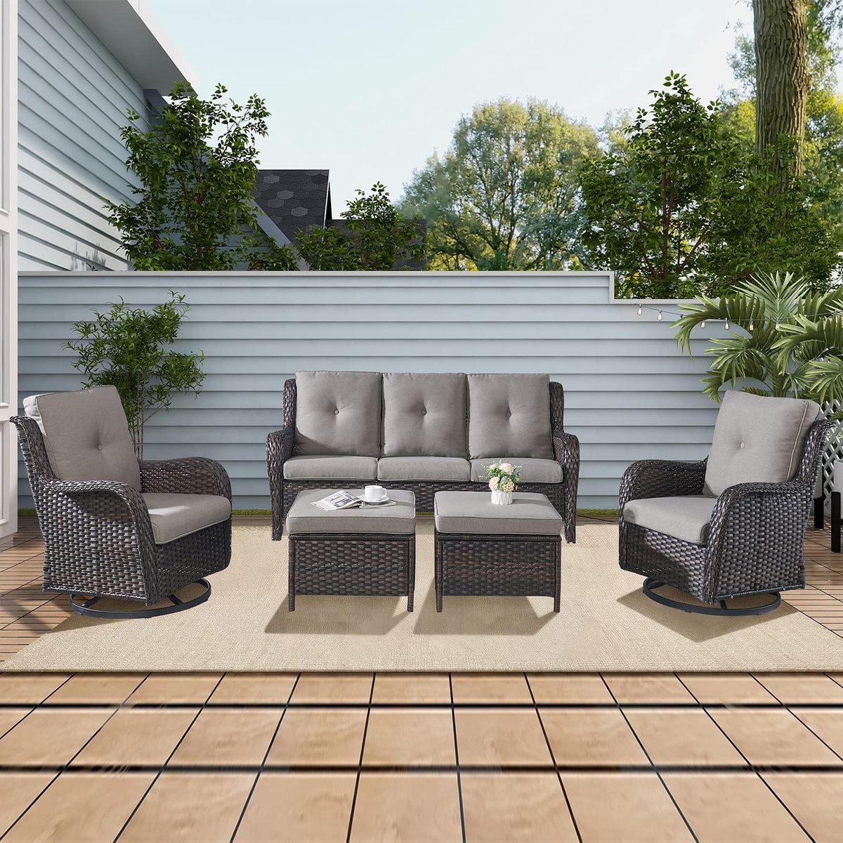 5 Piece Rattan Wicker Patio Furniture Set with Swivel Rocker Chairs Ottomans and Sofa U453
