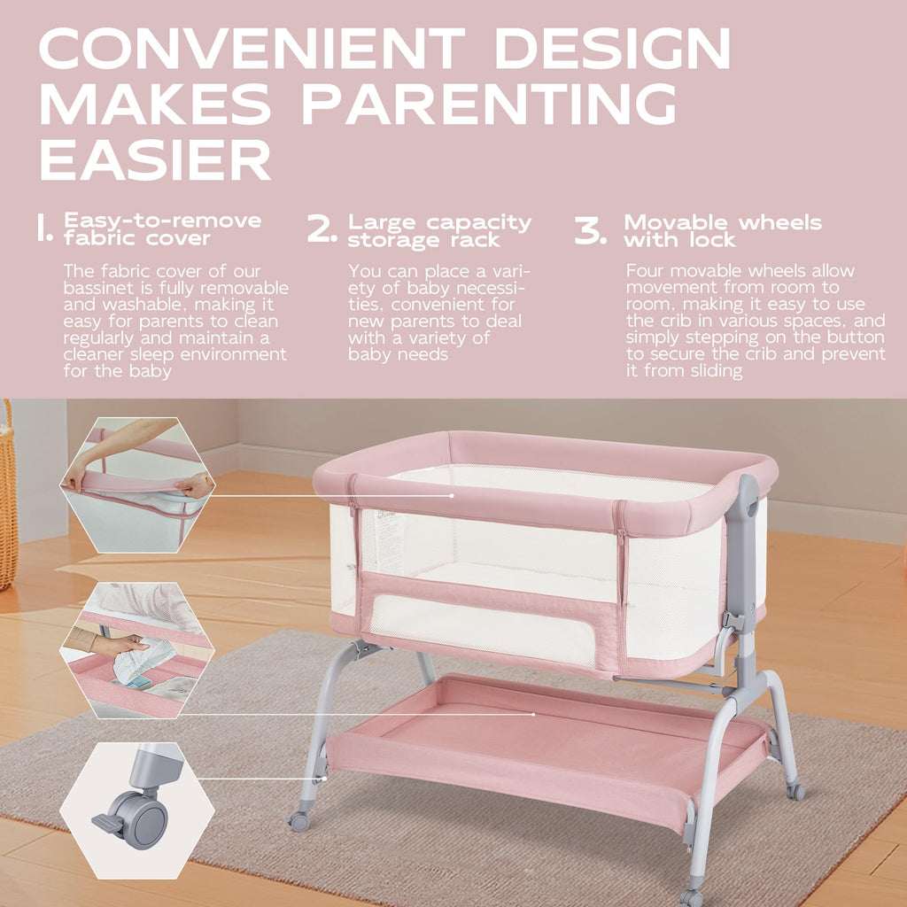 Baby Bassinet Bedside Crib with Mattress & Sheet, 4-Sided Mesh, Pink U3614
