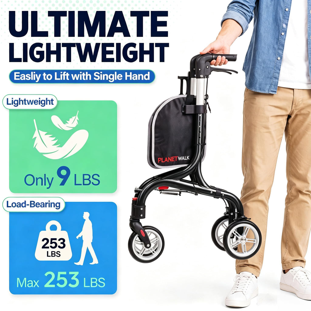 Super Lightweight 3 Wheel Foldable Aluminum Walker with Cup Holder, Black M2440