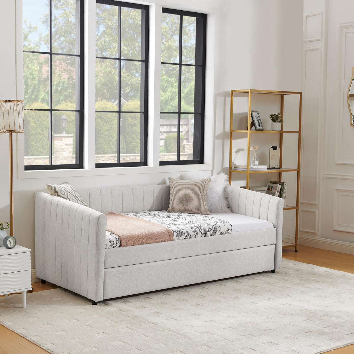 Twin Size Upholstered Linen Daybed with Trundle M2007