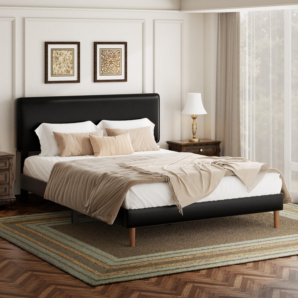 Black Full Size Upholstered Platform Bed Frame with Adjustable Headboard N825