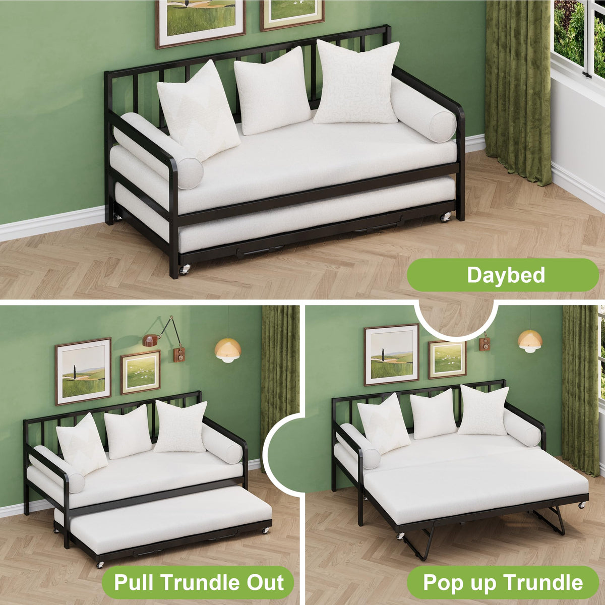 Twin Daybed with Pop Up Trundle, Metal Steel Slats, Black M654