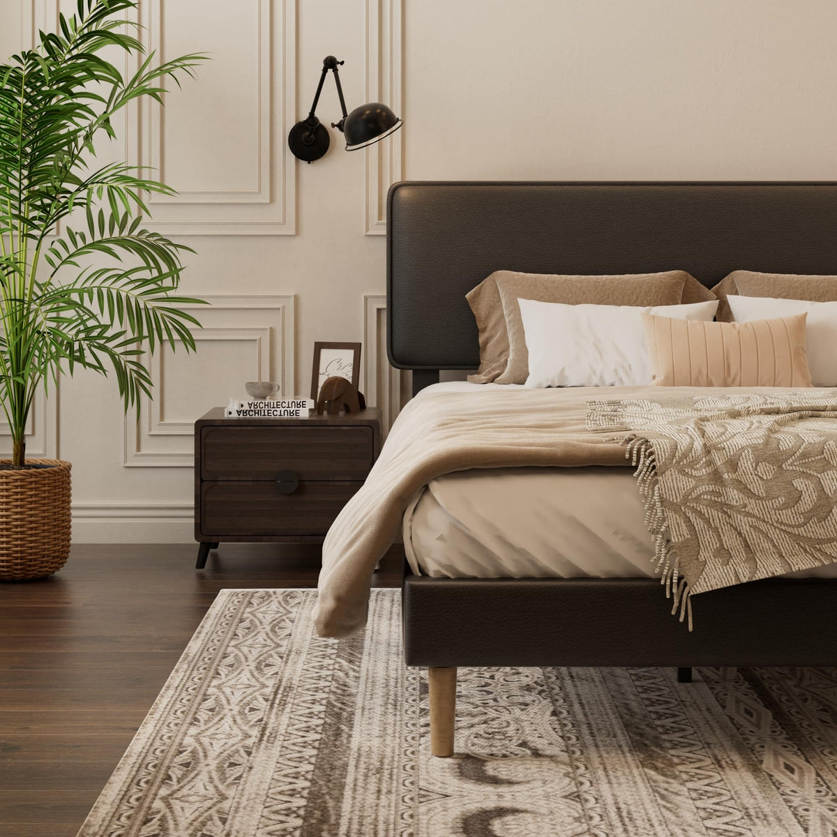 Black Full Size Upholstered Platform Bed Frame with Adjustable Headboard N825