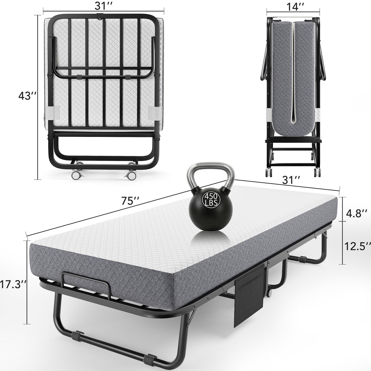 Folding Bed with Movable Wheels 75" x 31" V45108