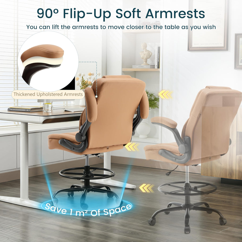 Brown PU Leather Drafting Chair with Flip-up Armrests D17060