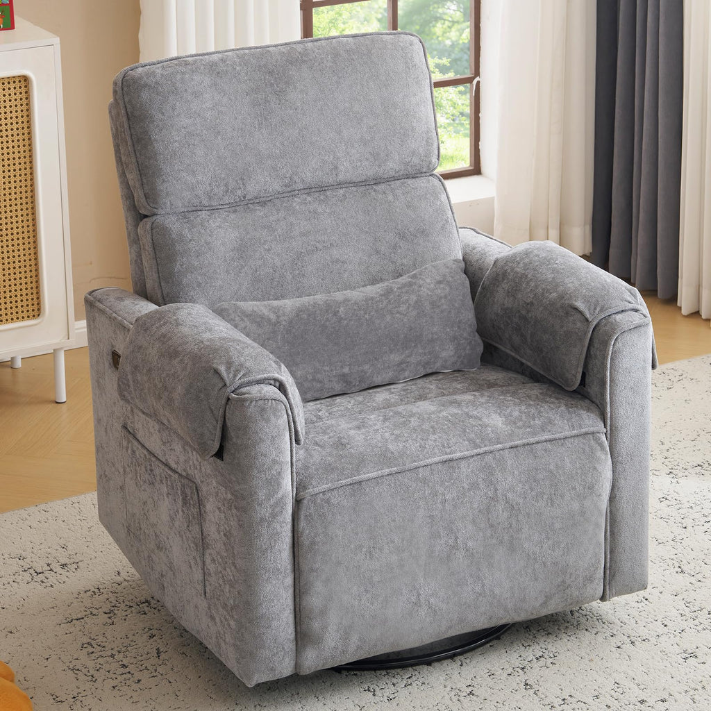 Oversized Swivel Rocking Recliner Chair with USB Ports, Grey Q6316