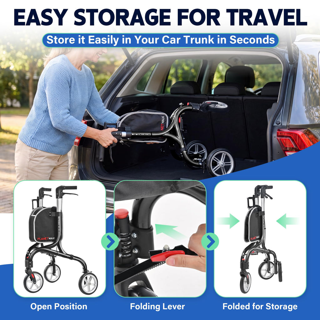 Super Lightweight 3 Wheel Foldable Aluminum Walker with Cup Holder, Black M2440