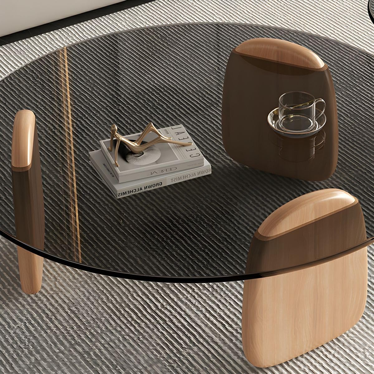 Nesting Coffee Table Set of 2 Glass Round Top Wood Legs D8780