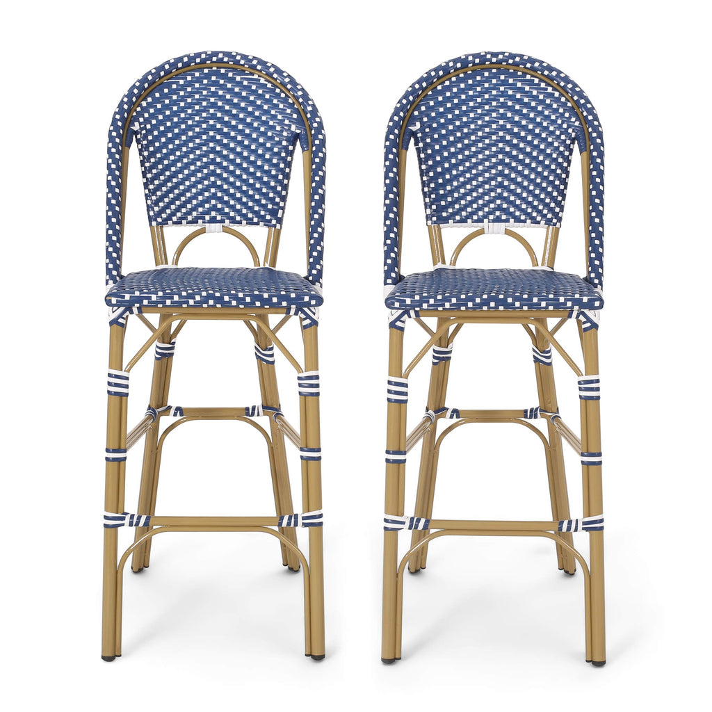 29.5" Outdoor PE Rattan Bar Stool, Dark Teal and White, Set of 2 F38644