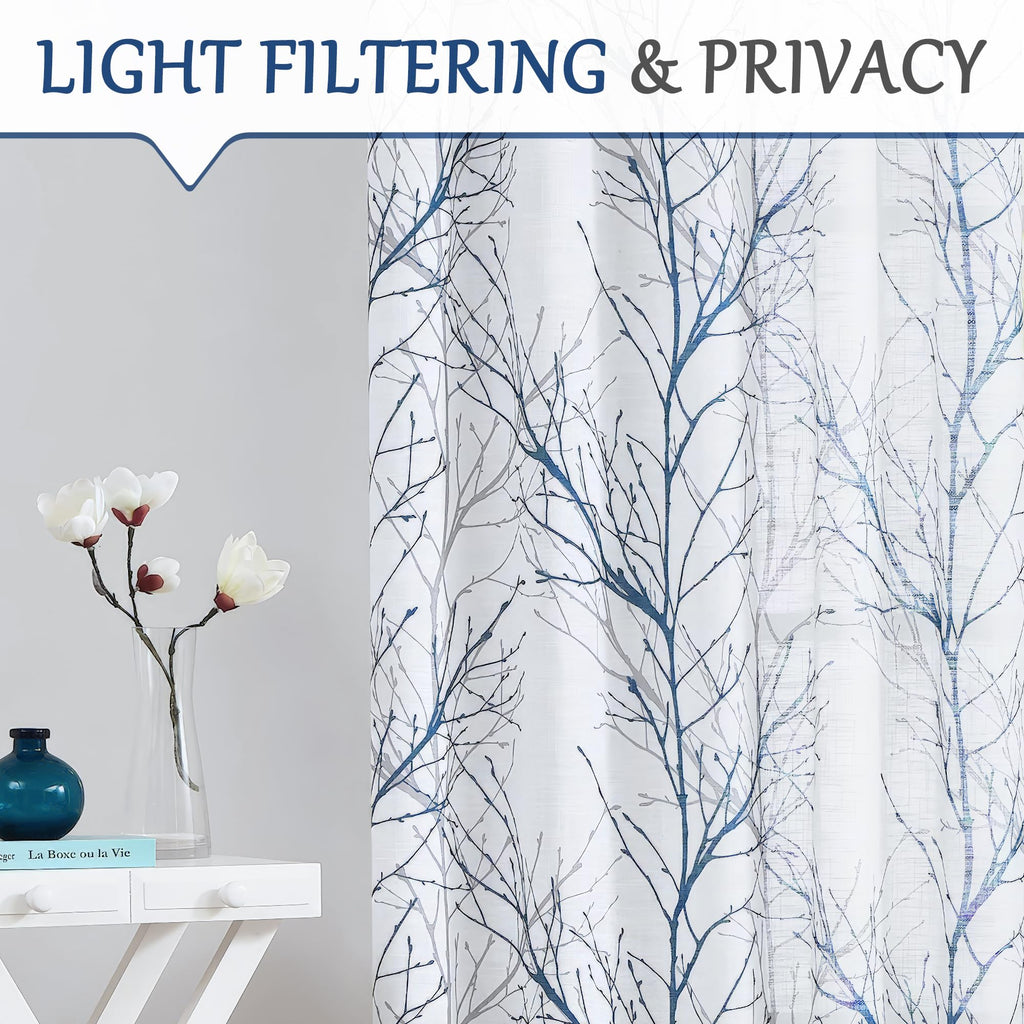 Linen Blue White Semi Sheer Curtains 84 Inch 1 Panel F755206