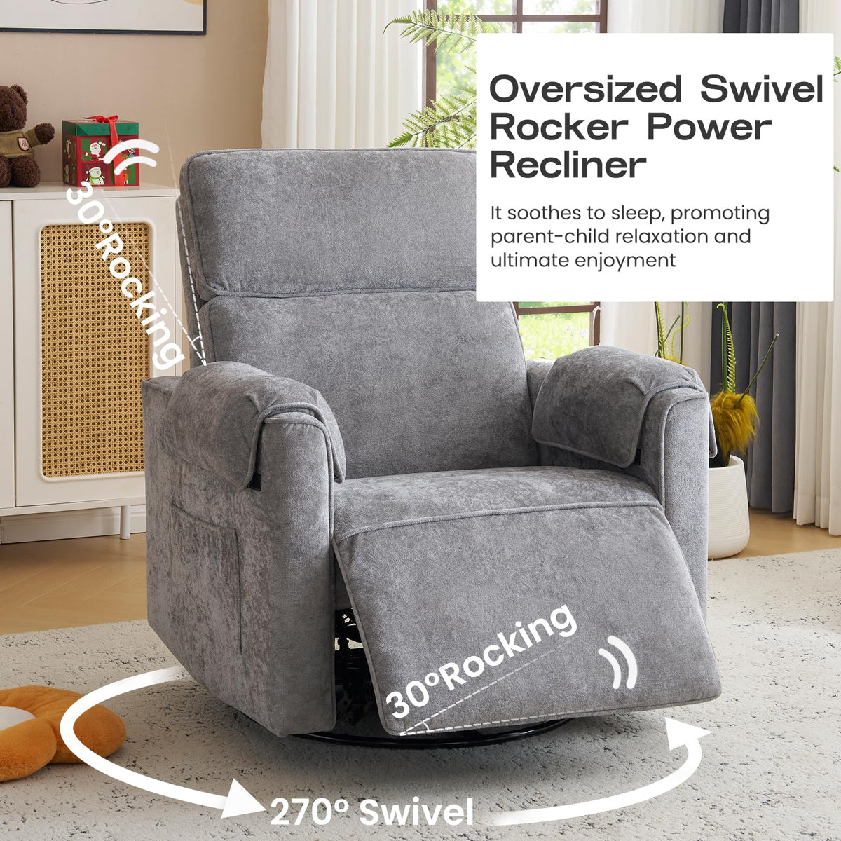 Oversized Swivel Rocking Recliner Chair with USB Ports, Grey Q6316