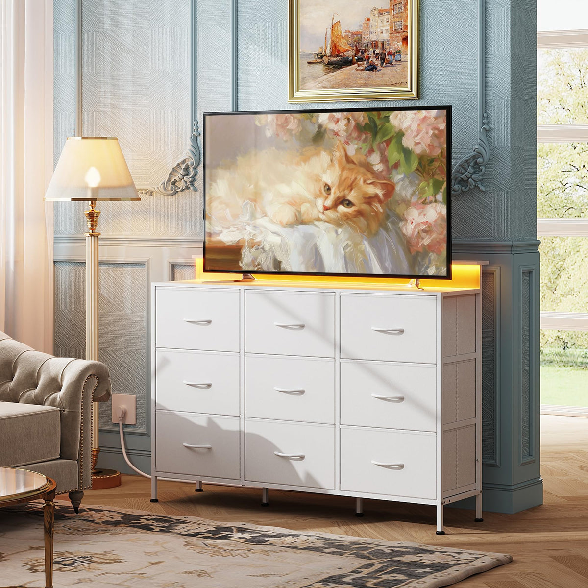 White 2-Piece TV Stand Dresser with 8+9 Fabric Drawers O334757