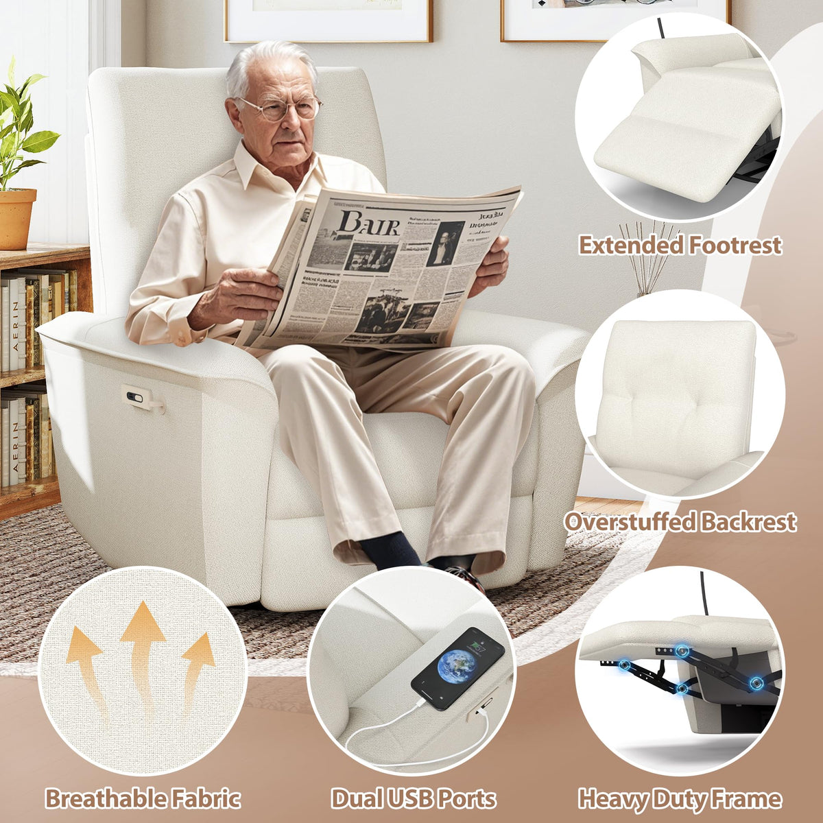Power Swivel Rocker Recliner Chair with Phone Holder and USB Ports V73509