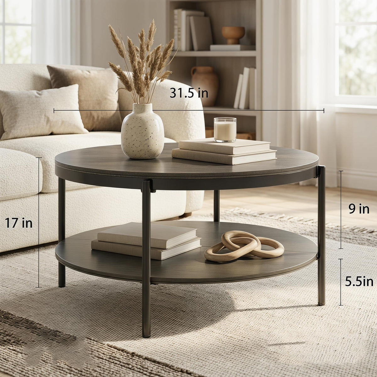 Round Coffee Table with 2-Tier Storage Shelf B294