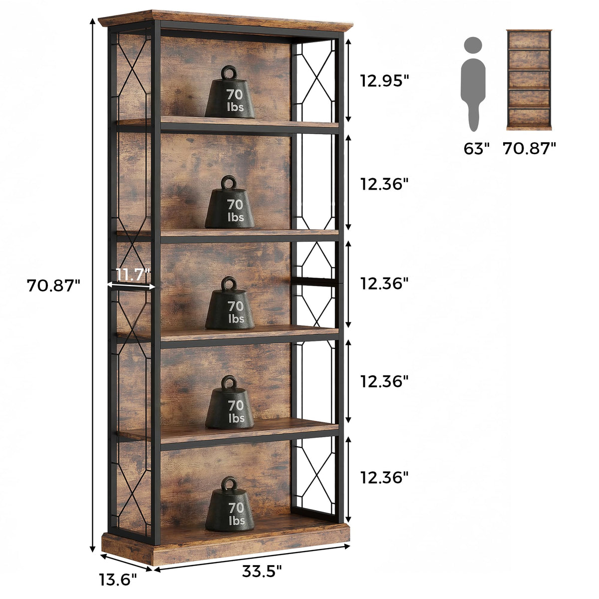 71 Inch 5 Tier Rustic Wood Bookshelf N398