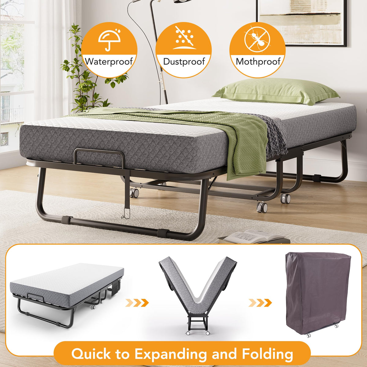 Folding Bed with Movable Wheels 75" x 31" V45108