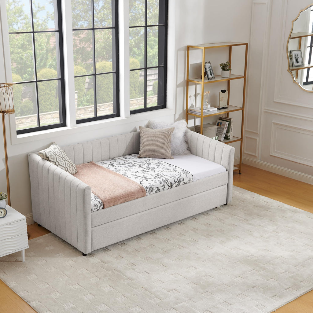 Twin Size Upholstered Linen Daybed with Trundle M2007