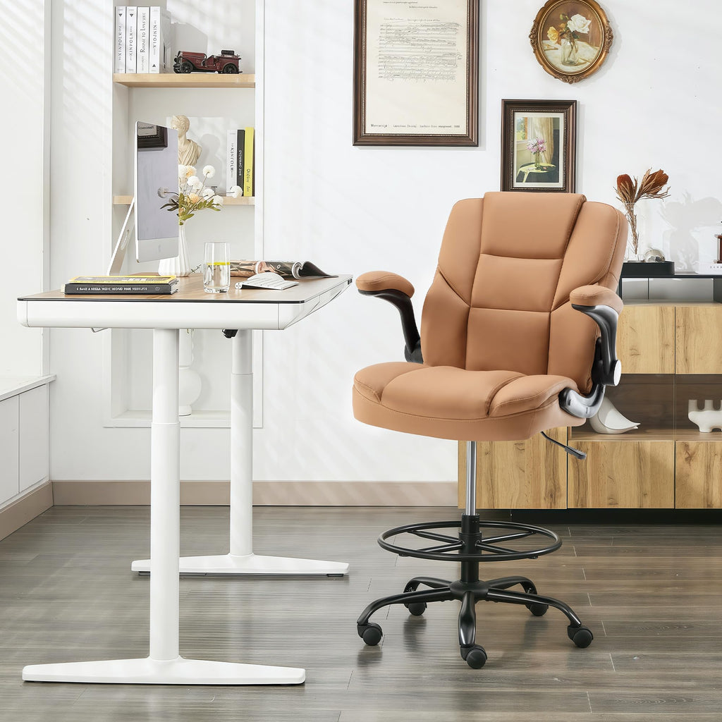 Brown PU Leather Drafting Chair with Flip-up Armrests D17060