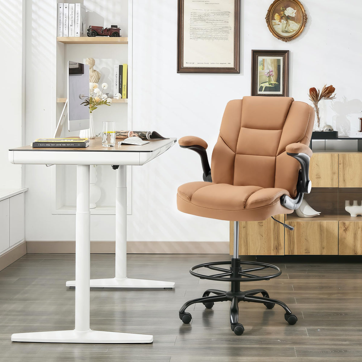 Brown PU Leather Drafting Chair with Flip-up Armrests D17060