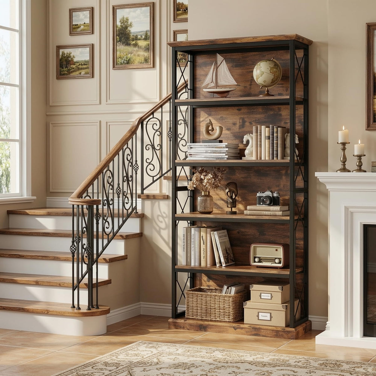 71 Inch 5 Tier Rustic Wood Bookshelf N398