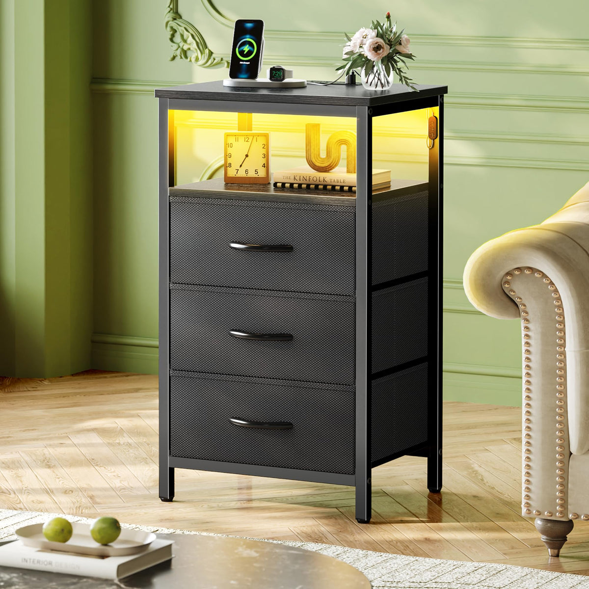 3 Drawer Nightstand with Charger Station and LED Lights M69287